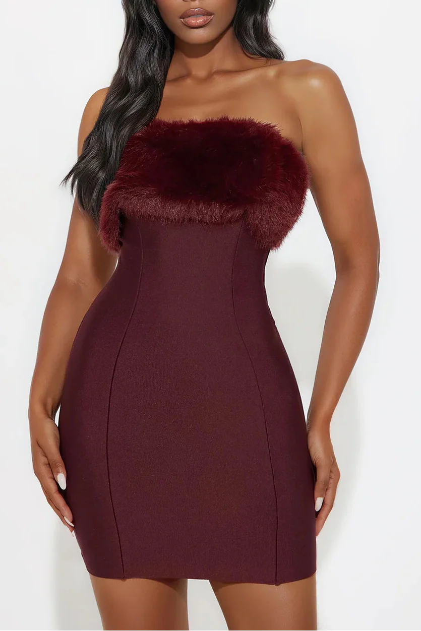 irene Fur Trim Bandage Mini Dress in Burgundy Avalabel