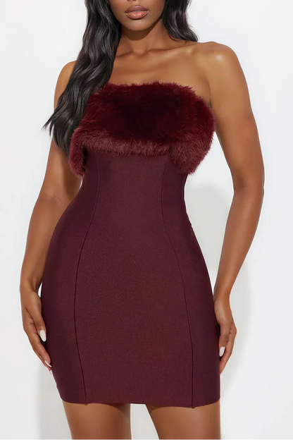 irene Fur Trim Bandage Mini Dress in Burgundy