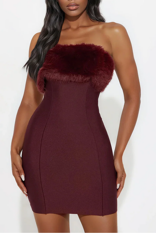 irene Fur Trim Bandage Mini Dress in Burgundy