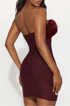 irene Fur Trim Bandage Mini Dress in Burgundy Avalabel