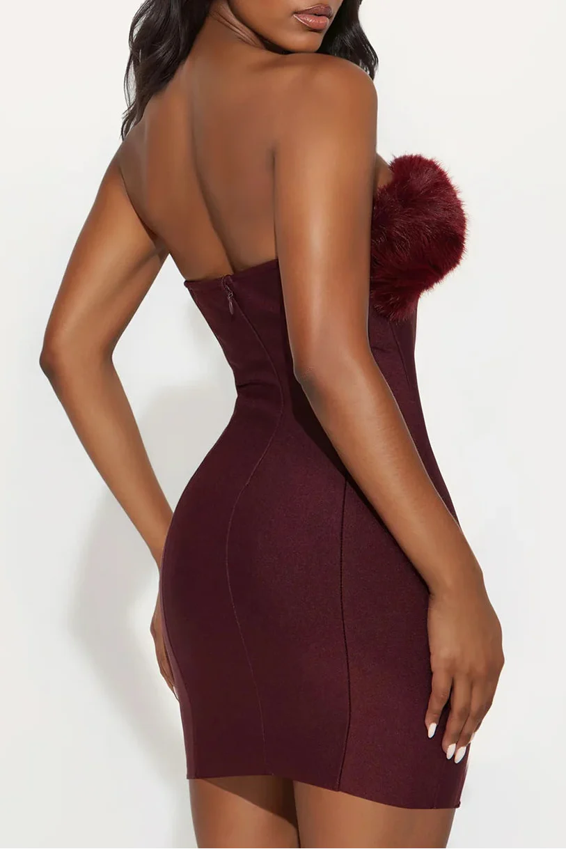 irene Fur Trim Bandage Mini Dress in Burgundy Avalabel