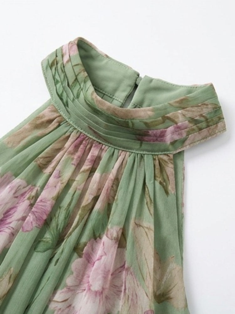 Polly Green Floral Chiffon Halter Maxi Dress Avalabel