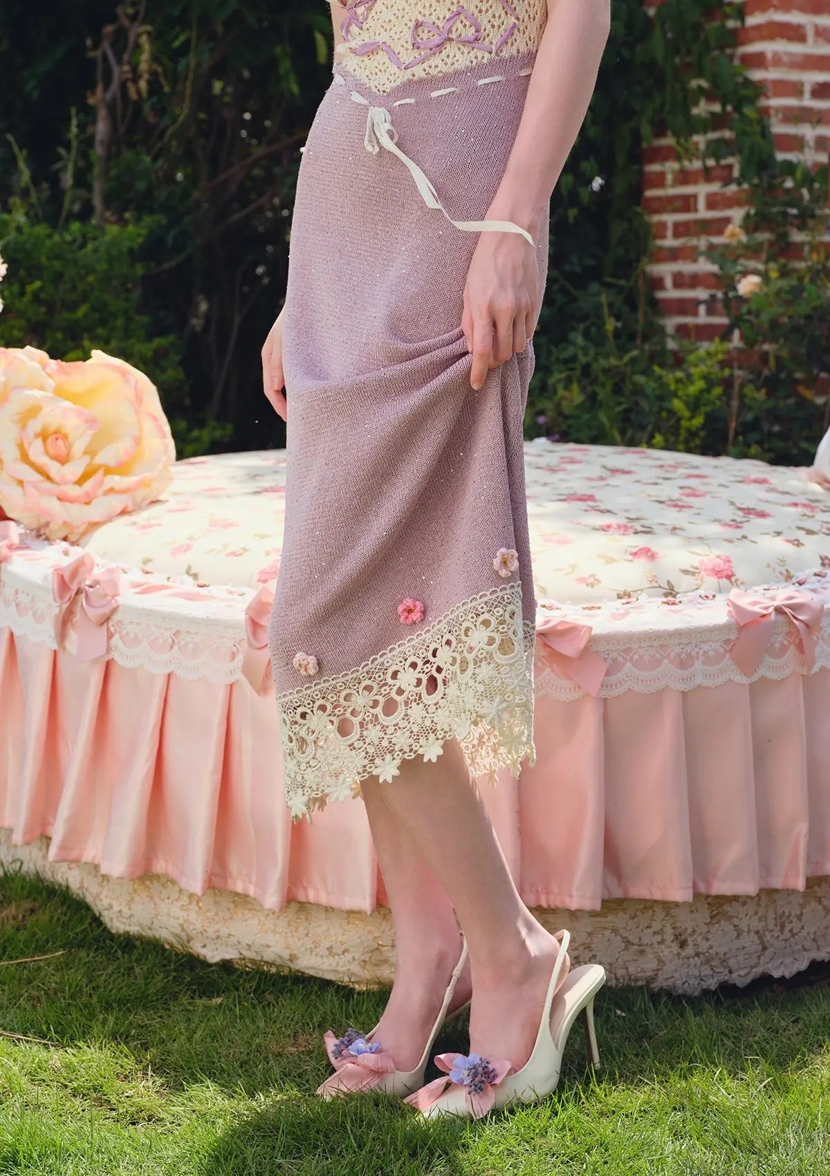 celeste Crochet flowers jersey midi dress in purple Avalabel