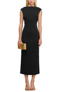 black sleeveless backless knit midi dress with two pleated golden embellishments Avalabel