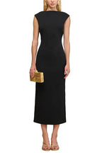 black sleeveless backless knit midi dress with two pleated golden embellishments Avalabel