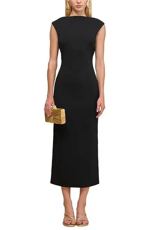 black sleeveless backless knit midi dress with two pleated golden embellishments Avalabel