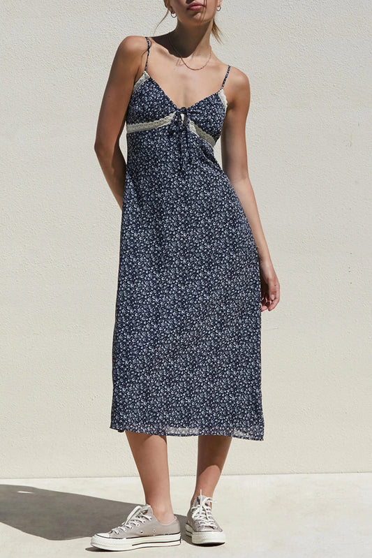 V-Neckline Floral Lace Trim Midi Dress in Navy