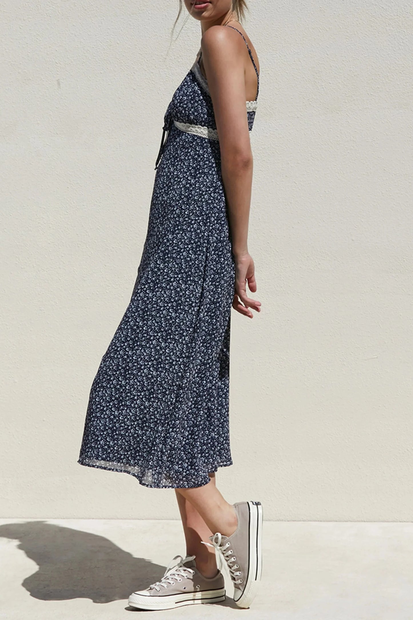 V-Neckline Floral Lace Trim Midi Dress in Navy