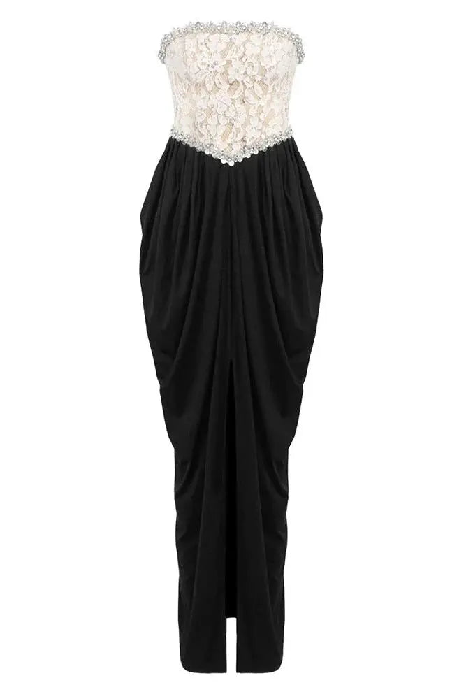 sharon Lace Beaded embellished Strapless Maxi Dress in black Avalabel