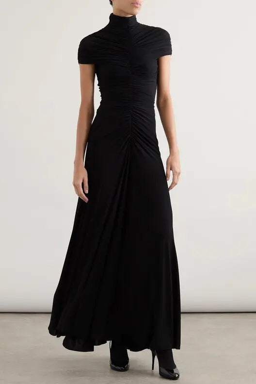 Lillian Gathered High-Neck Maxi Dress in Black