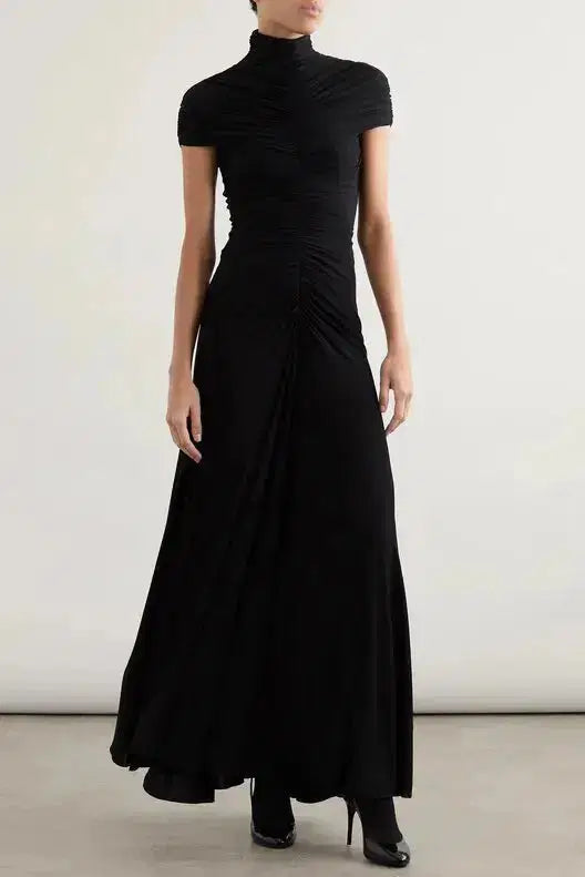 Lillian Gathered High-Neck Maxi Dress in Black Avalabel