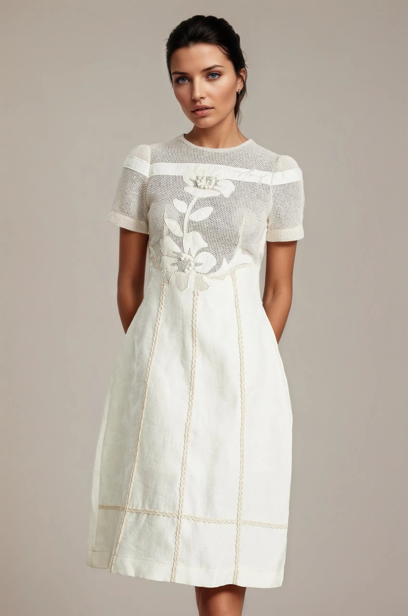 hermosa 3d floral embroidered hollow midi dress in apricot Avalabel