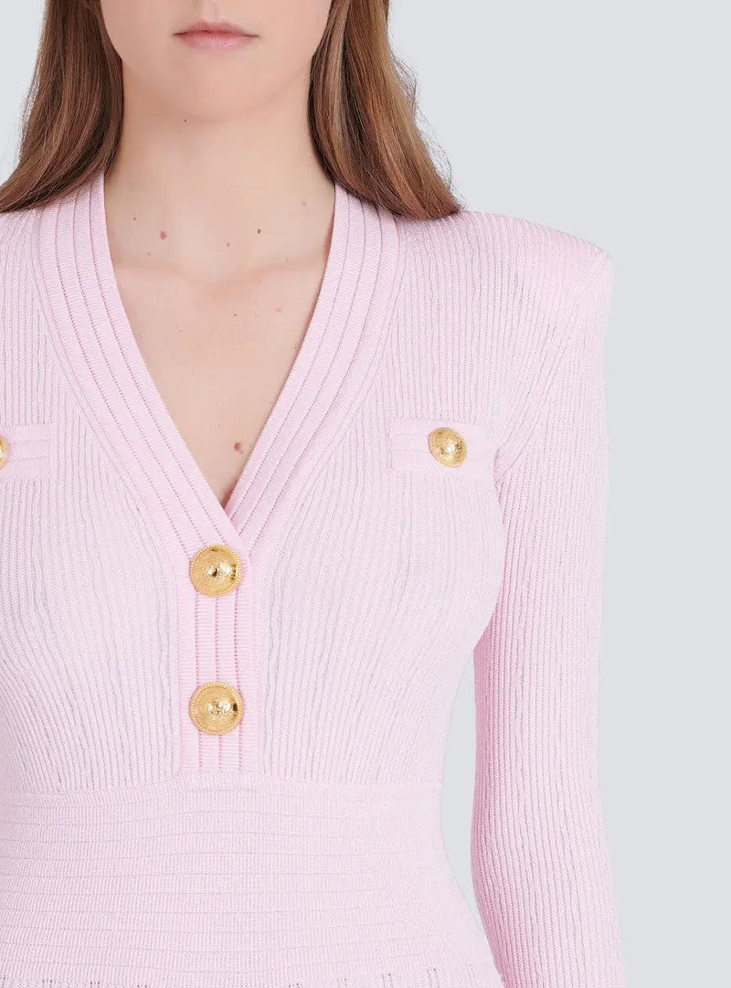 vicky v-neck button-detail ribbed mini dress in pink Avalabel