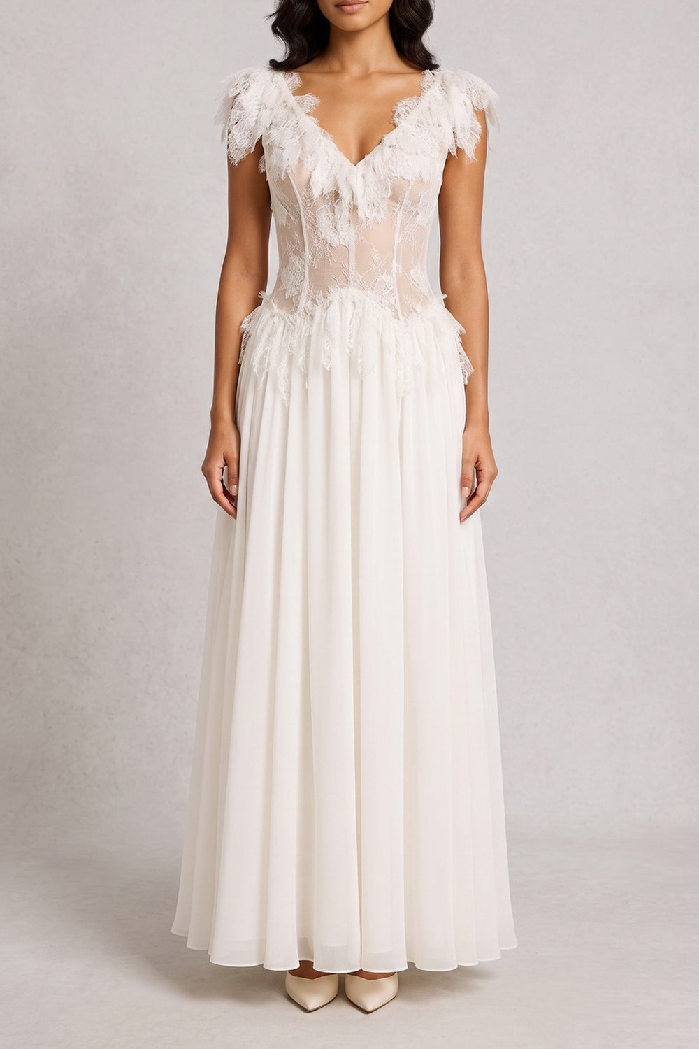 Off Shoulder 3D Floral Lace Corset Chiffon Maxi Dress poava