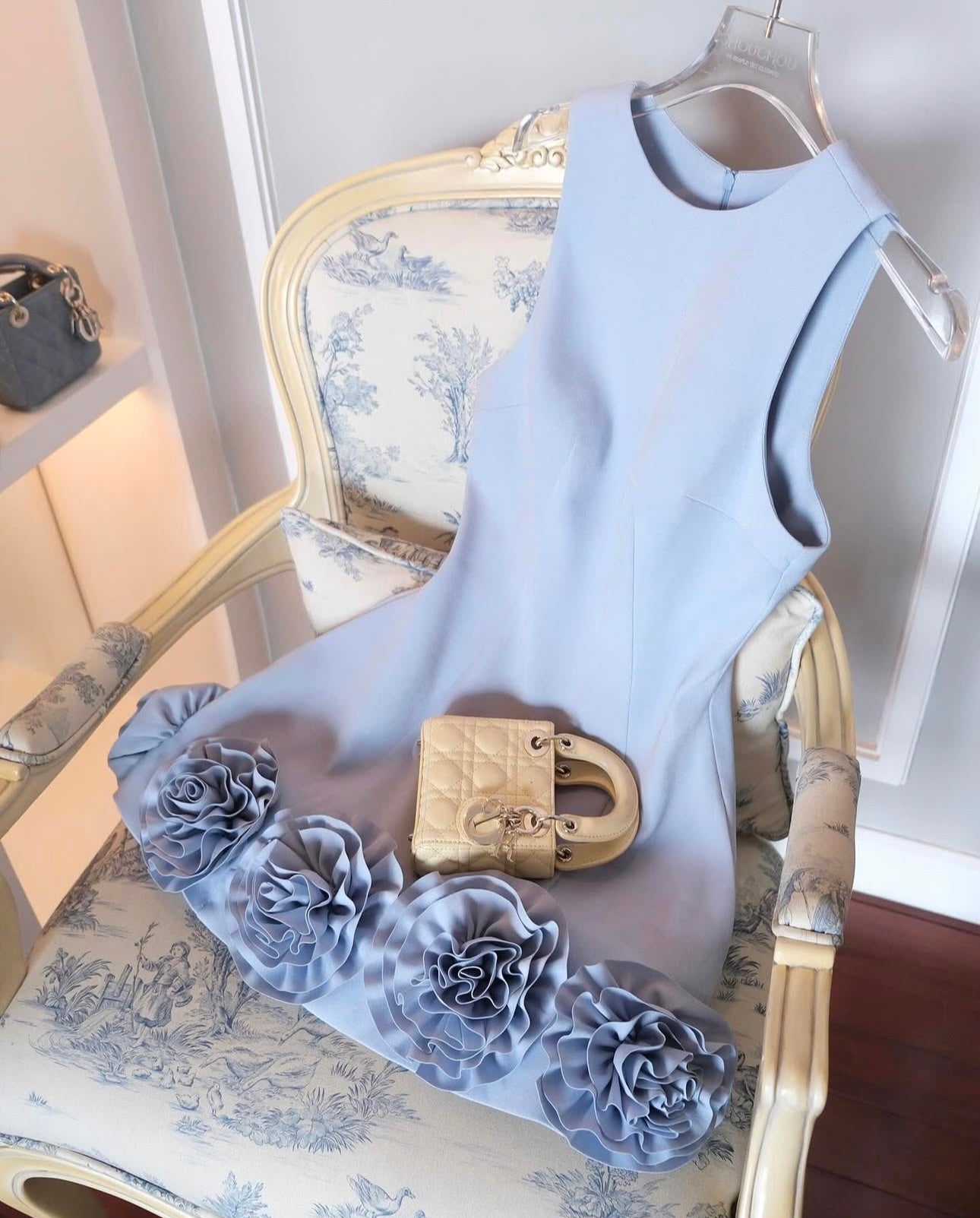 Azure 3D Flower Mini Dress In Blue