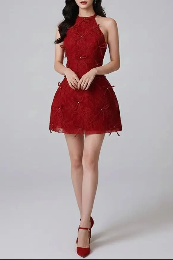 Pandora Lace Bow Backless Halter Mini Dress in Red Avalabel