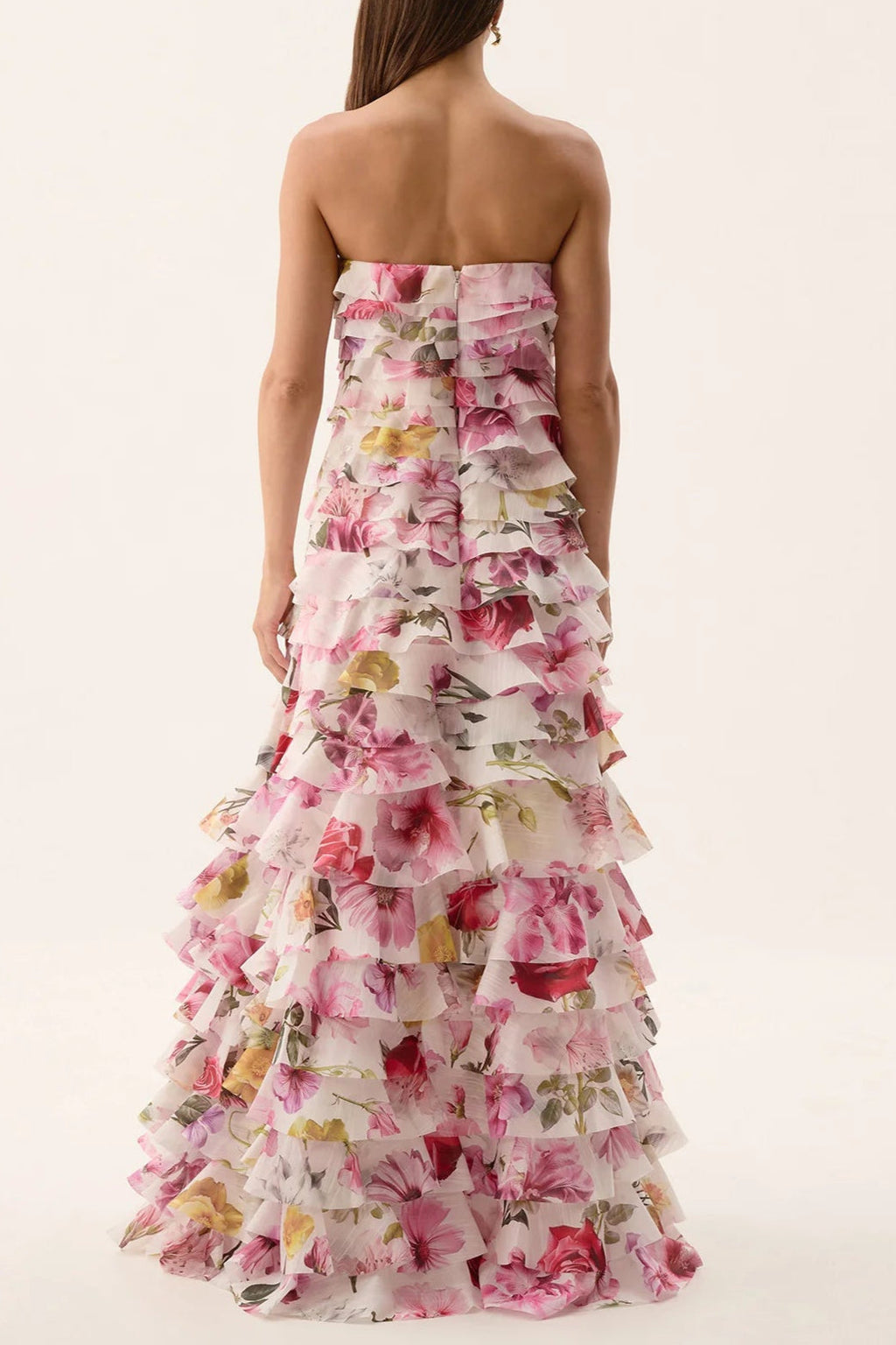 Cathy Floral Print Pleated Layer Strapless Maxi Dress in Pink Avalabel