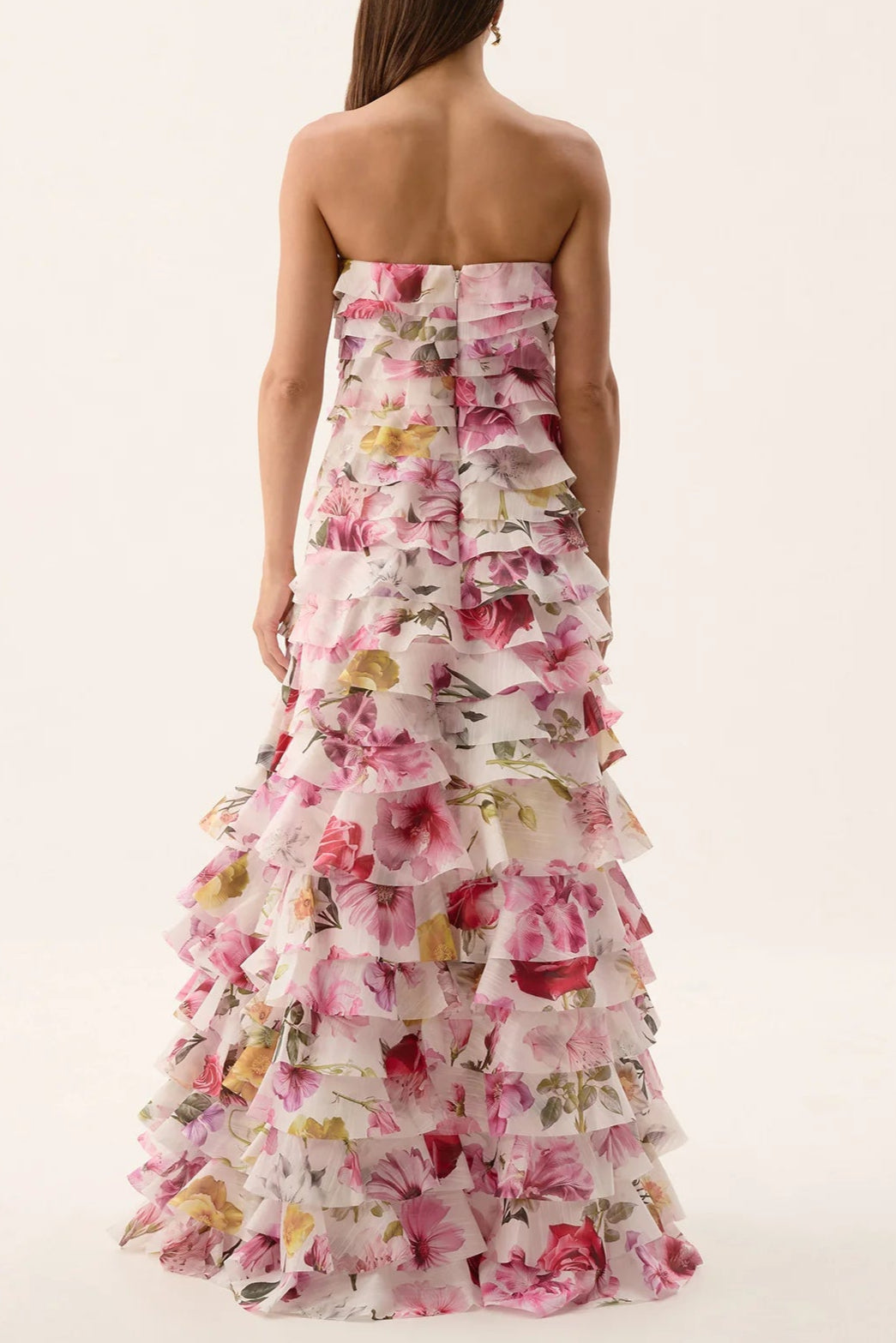 Cathy Floral Print Pleated Layer Strapless Maxi Dress in Pink Avalabel