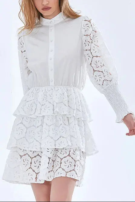 vanessa Long Sleeves Layered Lace Mini Dress in white Avalabel