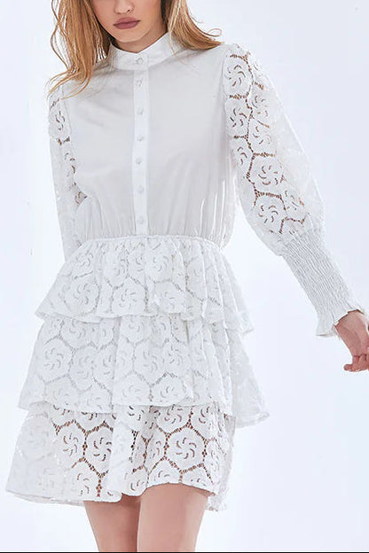 vanessa Long Sleeves Layered Lace Mini Dress in white