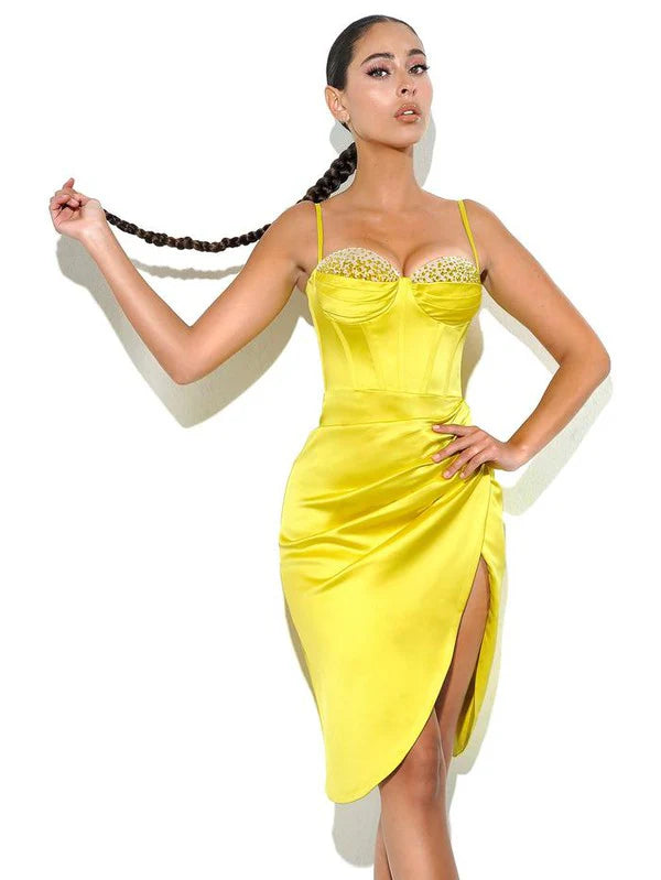 Lemon Yellow Pleated Satin Mini Dress Avalabel