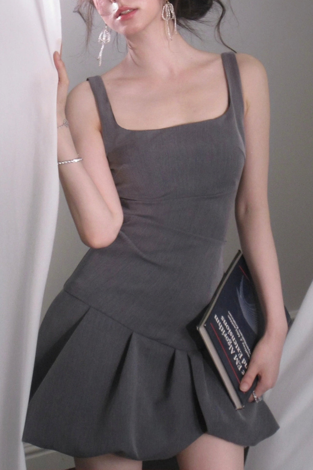arabela square neck bud mini dress in gray Avalabel