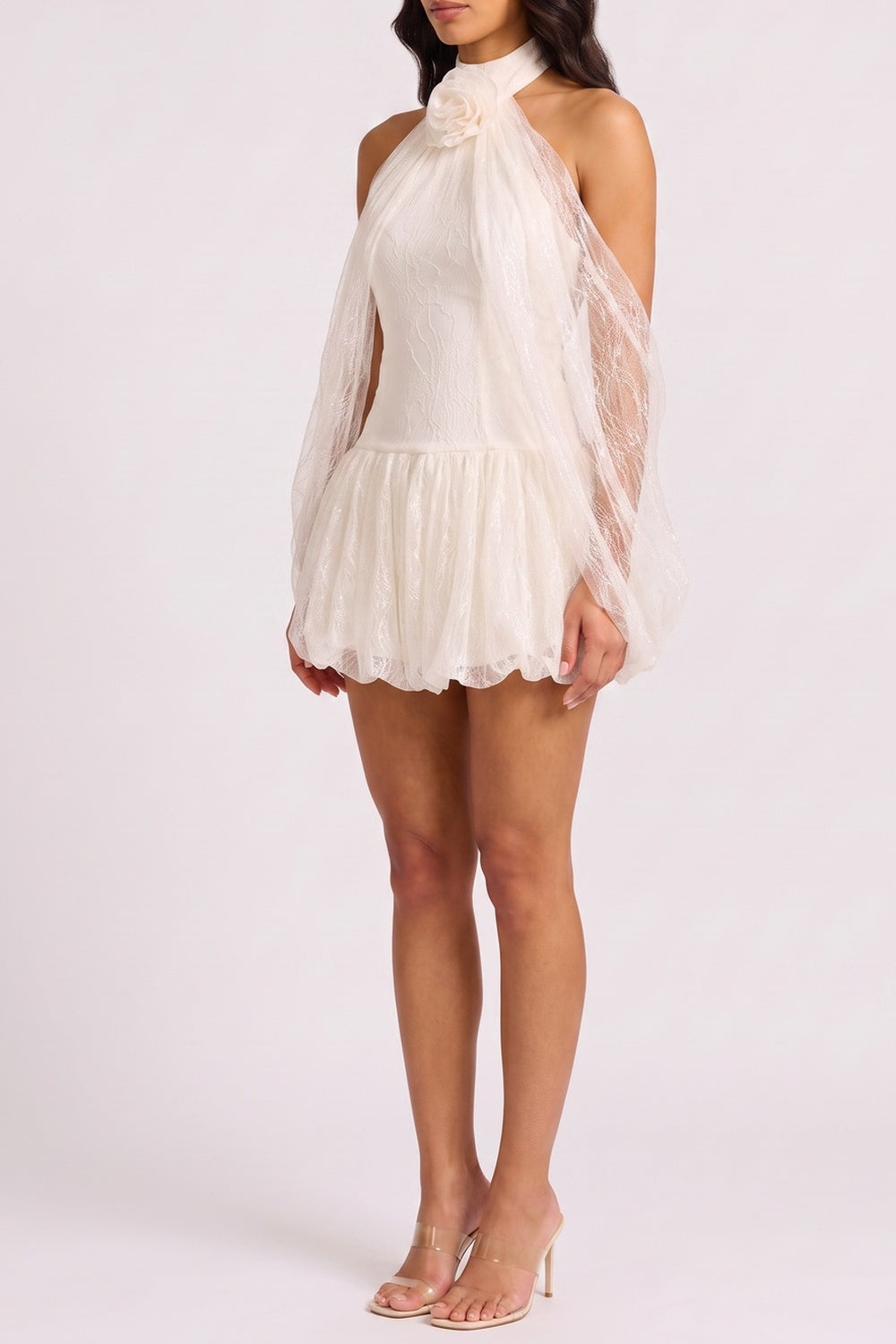 Halter 3D Floral Sheer Lace Bell Sleeve Mini Dress poava