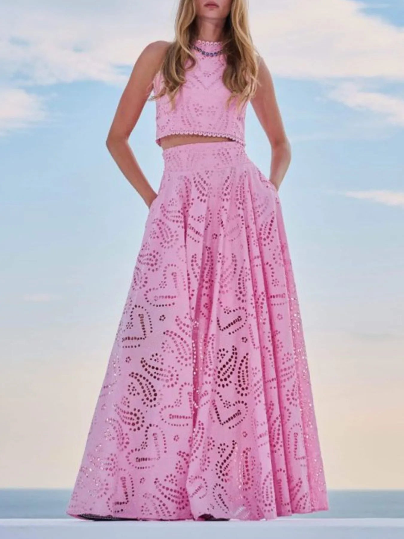 Eyelet Lace Top and Maxi Skirt Set Avalabel