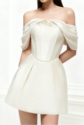 embroidery A-line Off-Shoulder Polyester Mini Dress in beige Avalabel