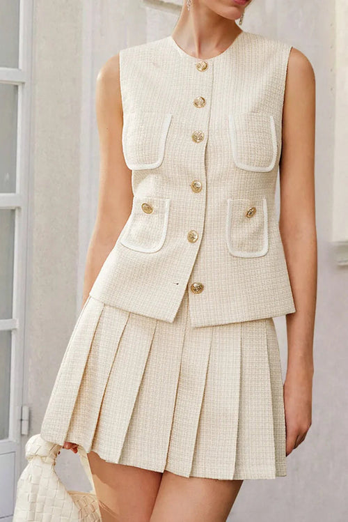 Celeste Tweed Button-Front Vest Pleated Skirt Set in Apricot Avalabel