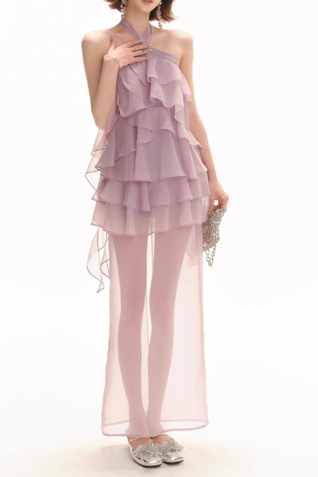 Backless Multi-Layer Ruffle Slit Maxi Dress in Lilac Avalabel