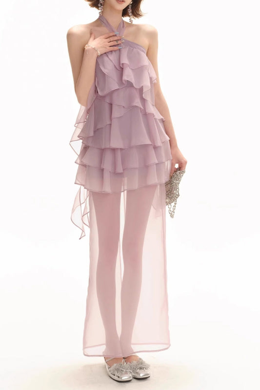 Backless Multi-Layer Ruffle Slit Maxi Dress in Lilac