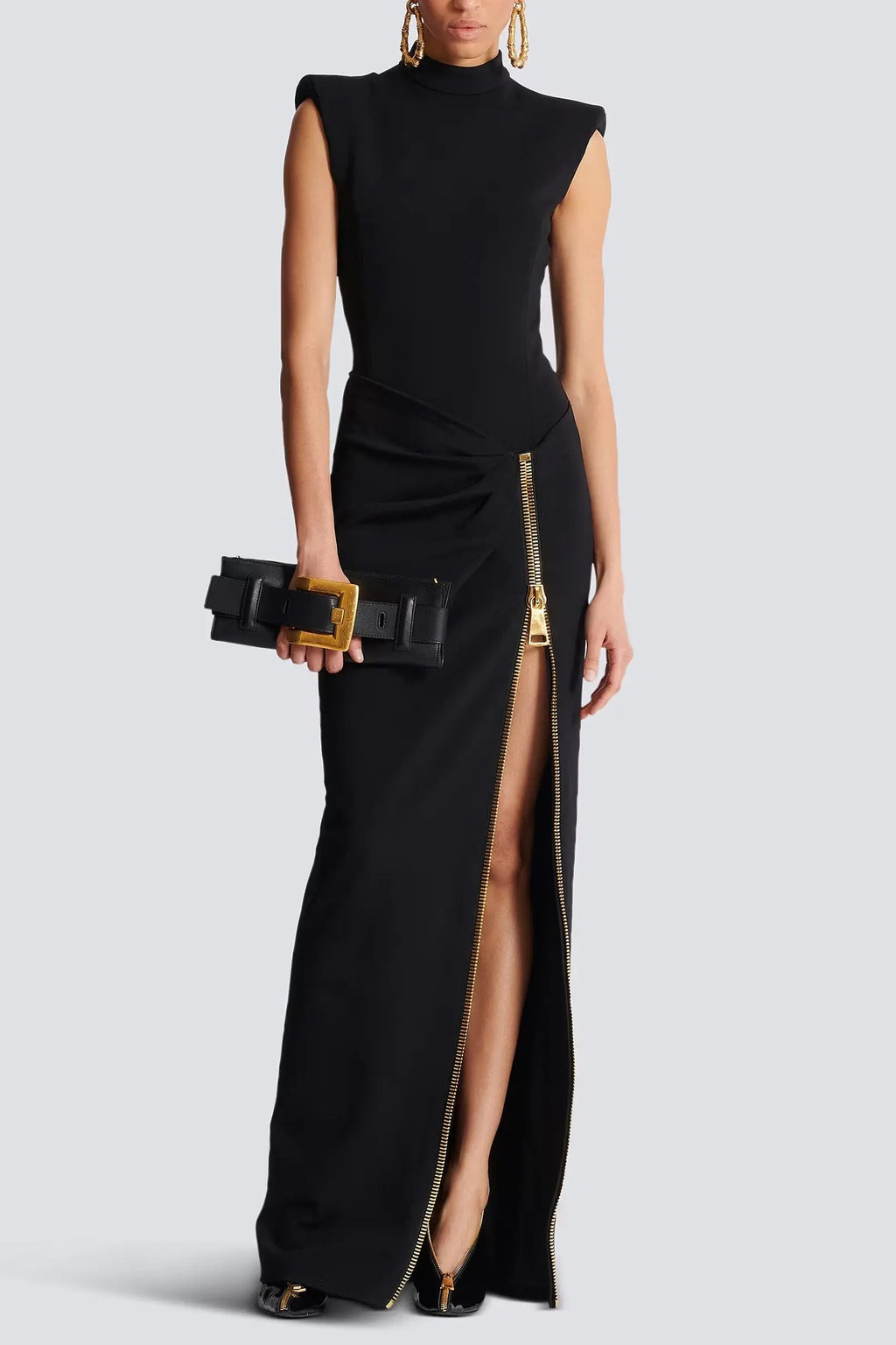 black Sleeveless Zipper high Slit Elastic jersey maxi Dress Avalabel
