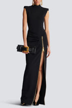 black Sleeveless Zipper high Slit Elastic jersey maxi Dress Avalabel