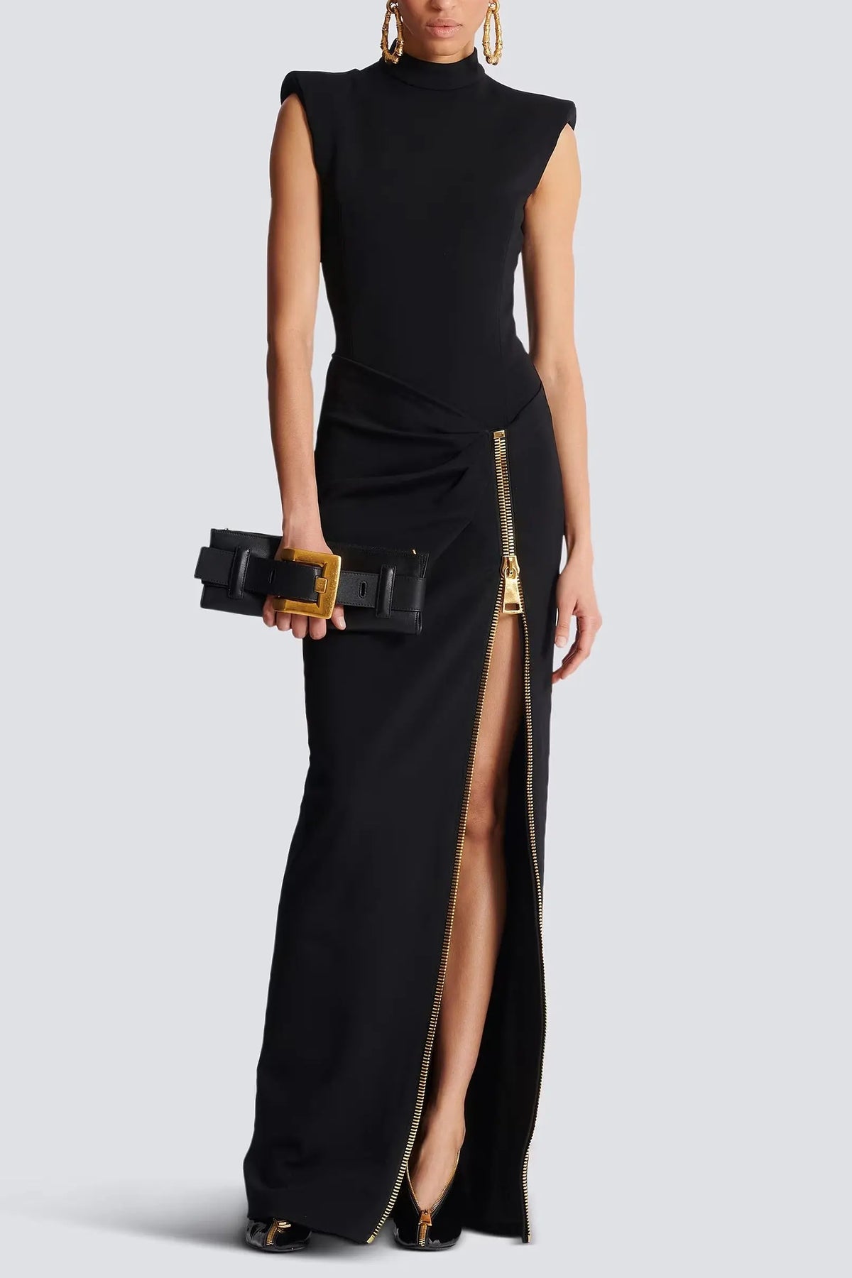 black Sleeveless Zipper high Slit Elastic jersey maxi Dress Avalabel