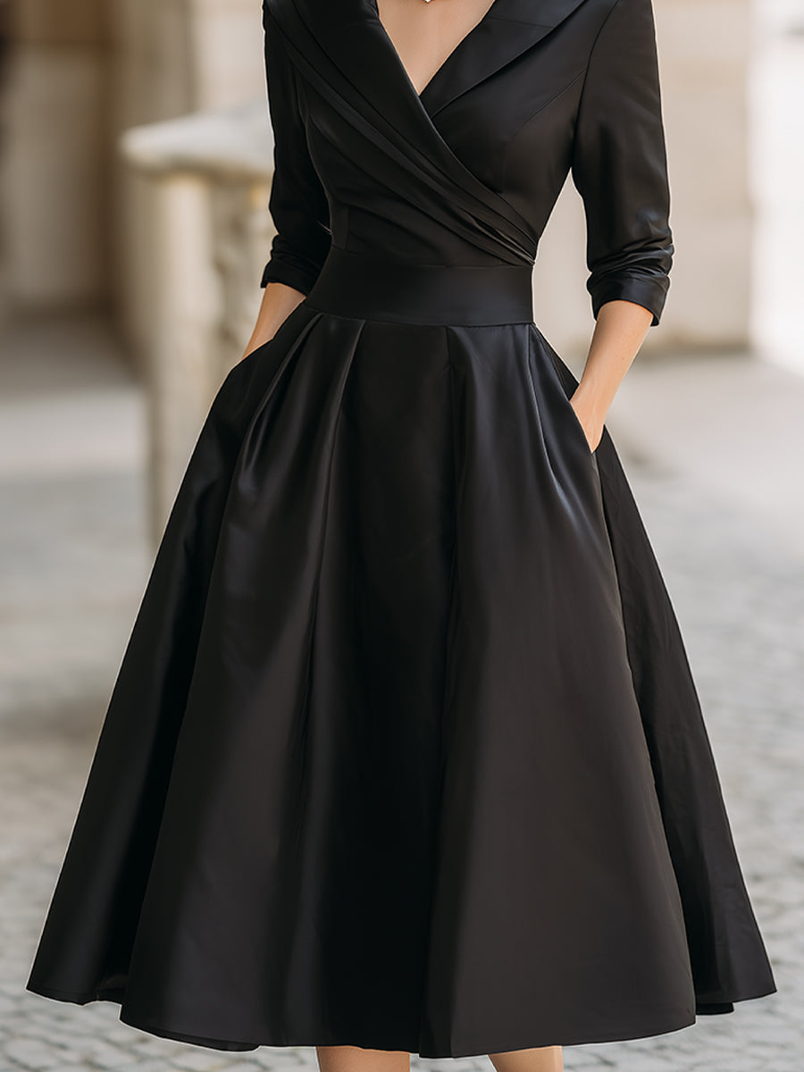 Vintage-Inspired Satin Midi Dress With Draped Collar Avalabel