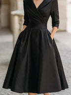Vintage-Inspired Satin Midi Dress With Draped Collar Avalabel