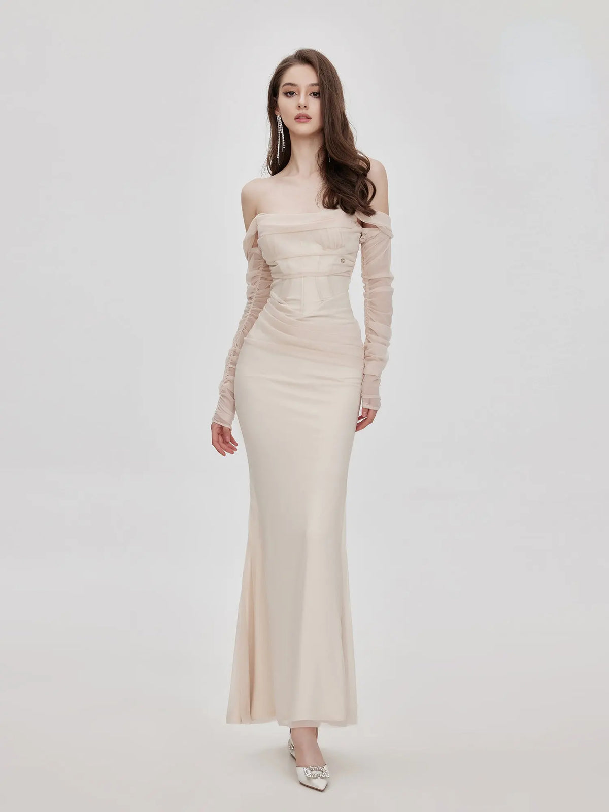 Ariel Apricot Mesh Off-Shoulder Mermaid Maxi Dress Avalabel