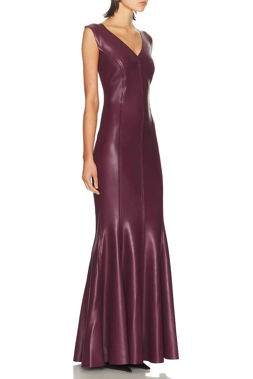 Ophelia V-Neck Sleeveless Leather Maxi Dress in Burgundy Avalabel
