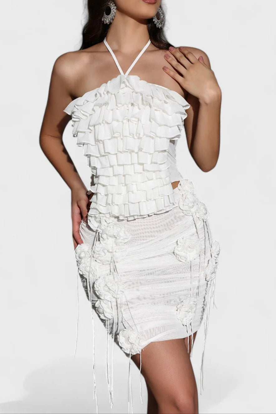 Helen Halter Ruched Mesh Floral Mini Dress in White Avalabel