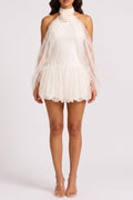 Halter 3D Floral Sheer Lace Bell Sleeve Mini Dress poava
