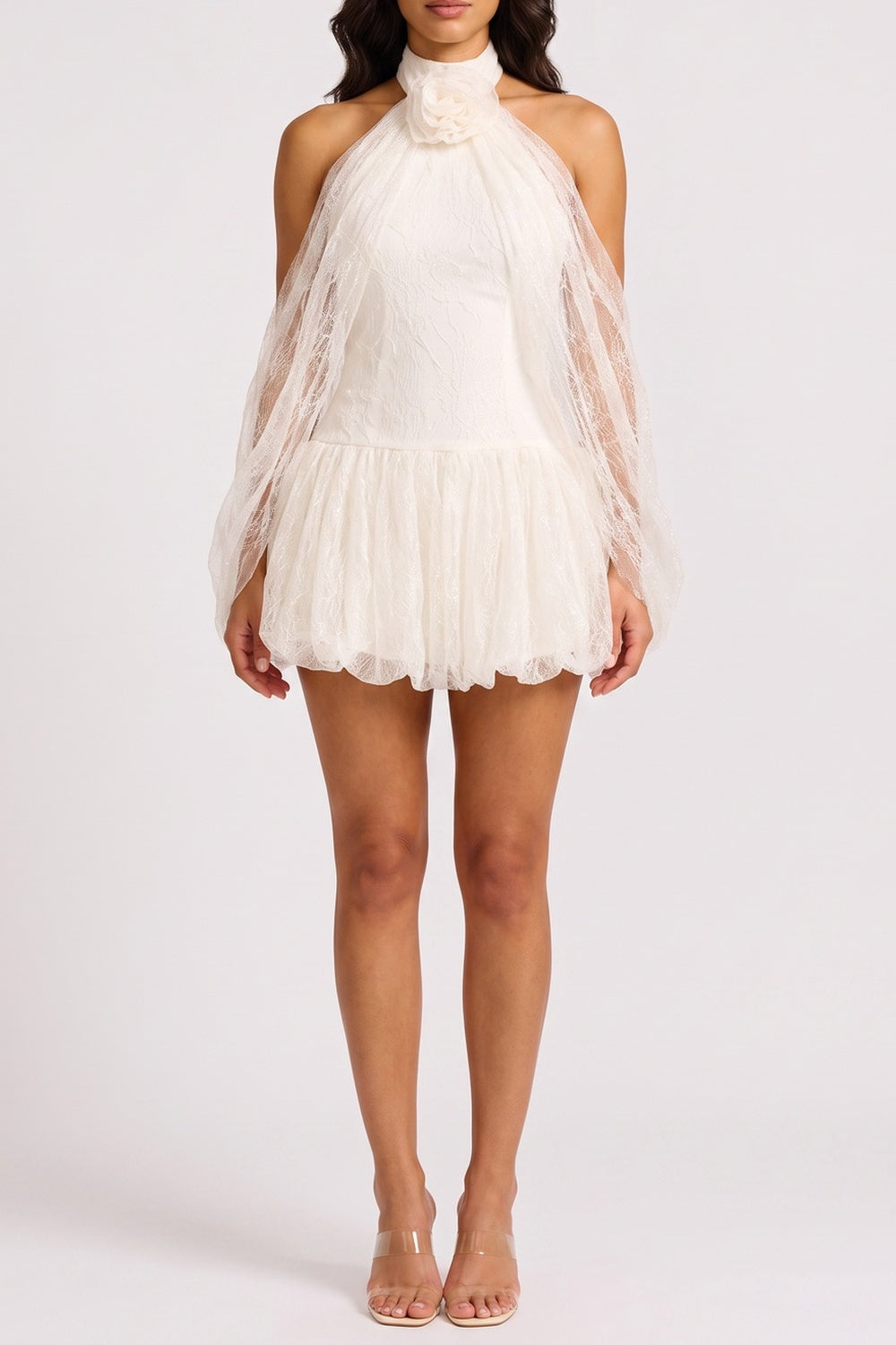 Halter 3D Floral Sheer Lace Bell Sleeve Mini Dress poava