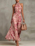 Polly Green Floral Chiffon Halter Maxi Dress Avalabel