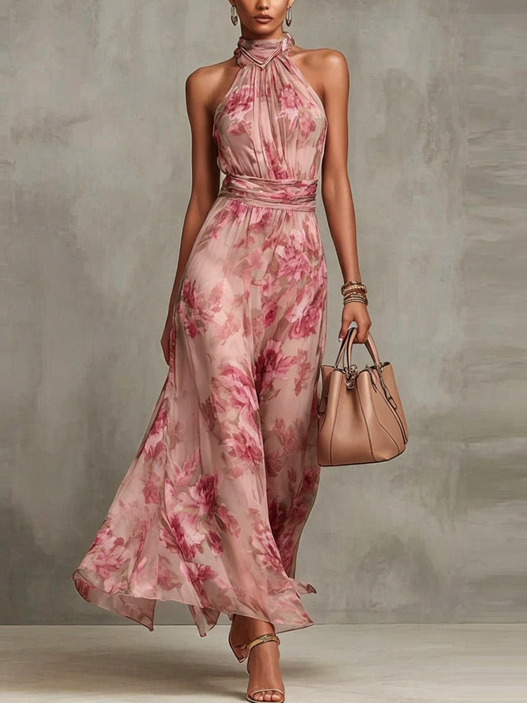 Polly Green Floral Chiffon Halter Maxi Dress Avalabel
