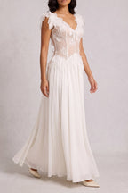 Off Shoulder 3D Floral Lace Corset Chiffon Maxi Dress poava