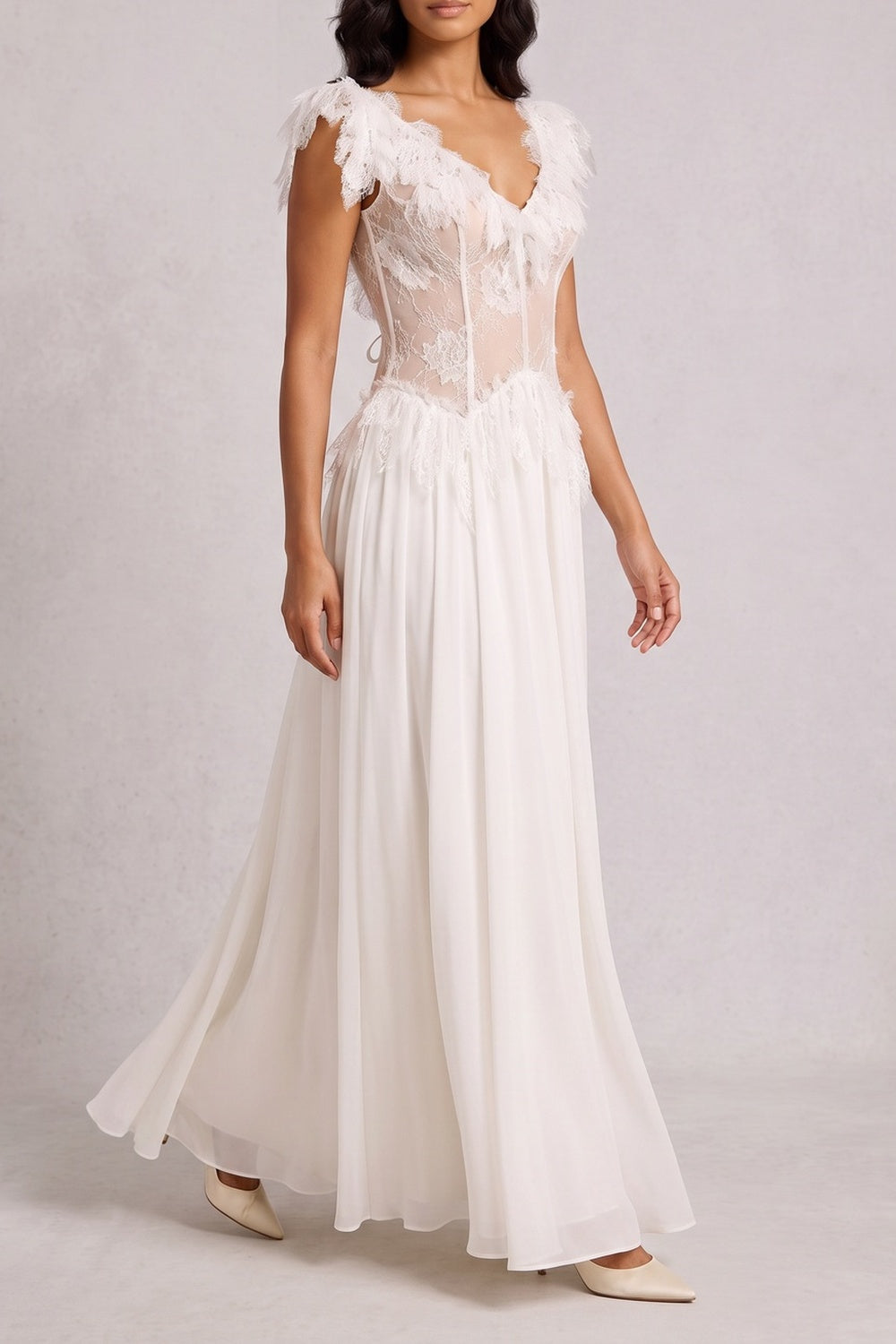 Off Shoulder 3D Floral Lace Corset Chiffon Maxi Dress poava