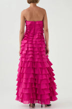 Cathy Pleated Layer Strapless Maxi Dress in Rose Red Avalabel