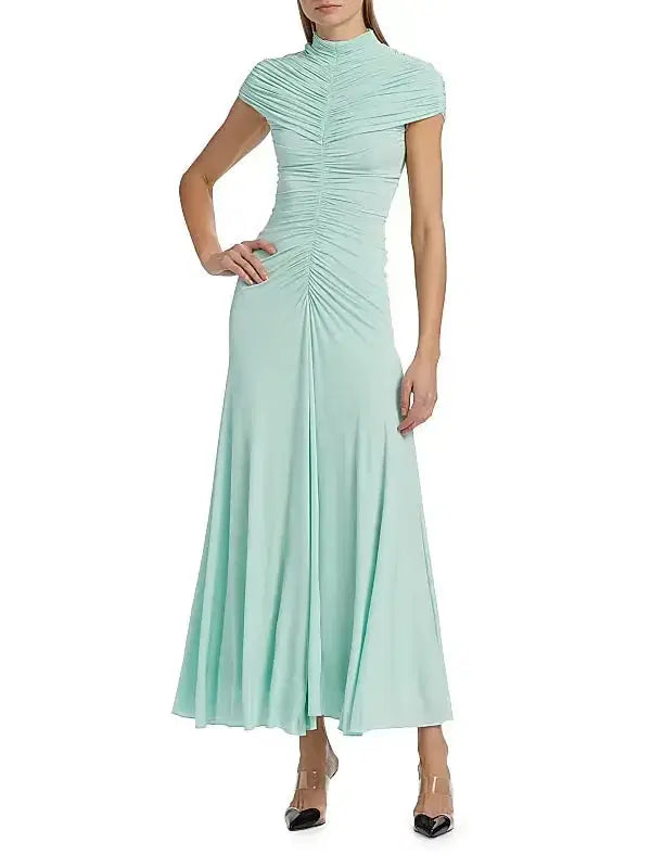 Lillian Gathered High-Neck Maxi Dress in Green Avalabel