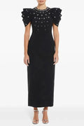 Roxanne Crystal-Embellished Crepe Bodycon Gown in Black Avalabel