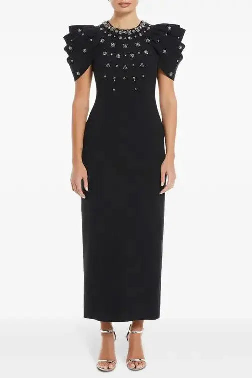 Roxanne Crystal-Embellished Crepe Bodycon Gown in Black Avalabel